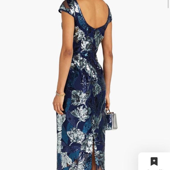 Marchesa Notte Blue Silver Sequin Floral Embellished Midi Dress 16 - Picture 5 of 6